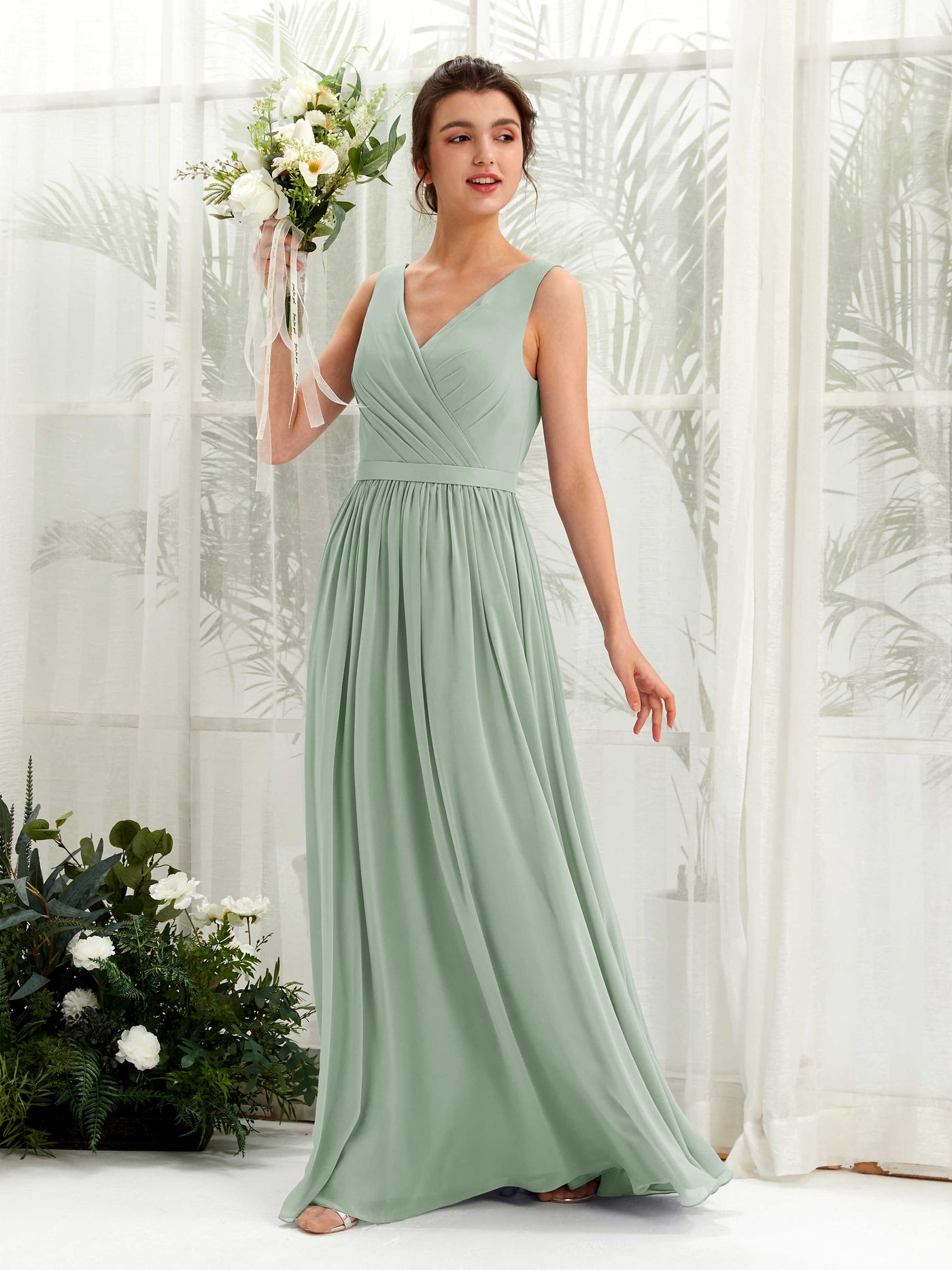 V-neck Sleeveless Chiffon Bridesmaid Dress - Sage Green (81223605)#color_sage-green