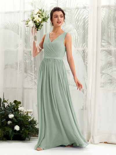 Carlyna Barbara A-Line Sage Green Bridesmaid Dress Maxi Sleeveless V-Neck Dress Front View #color_sage-green