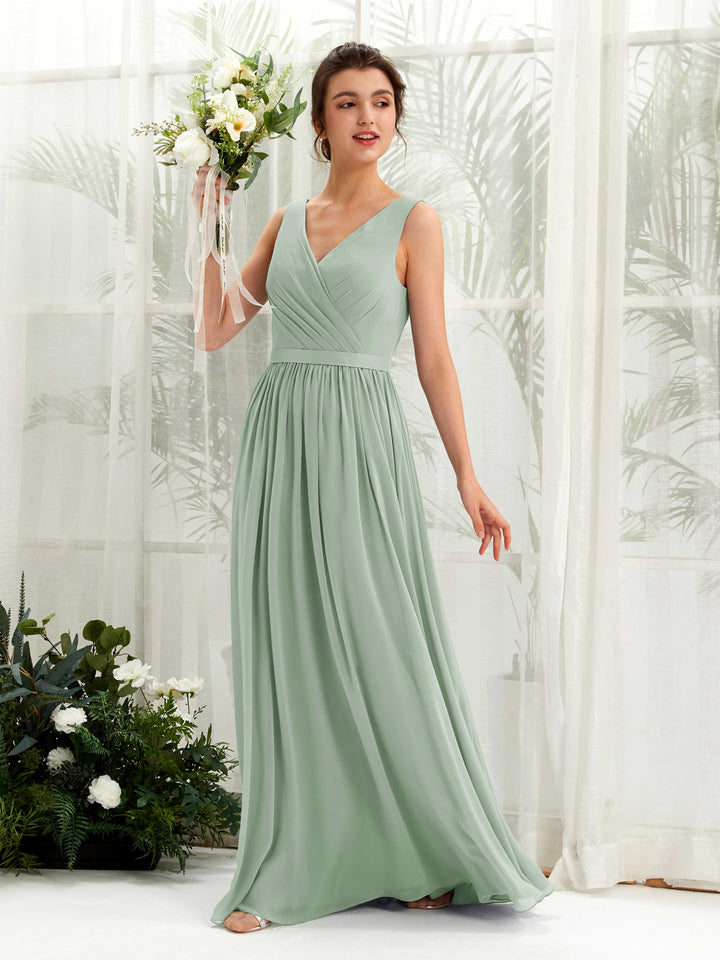 V-neck Sleeveless Chiffon Bridesmaid Dress - Sage Green (81223605)