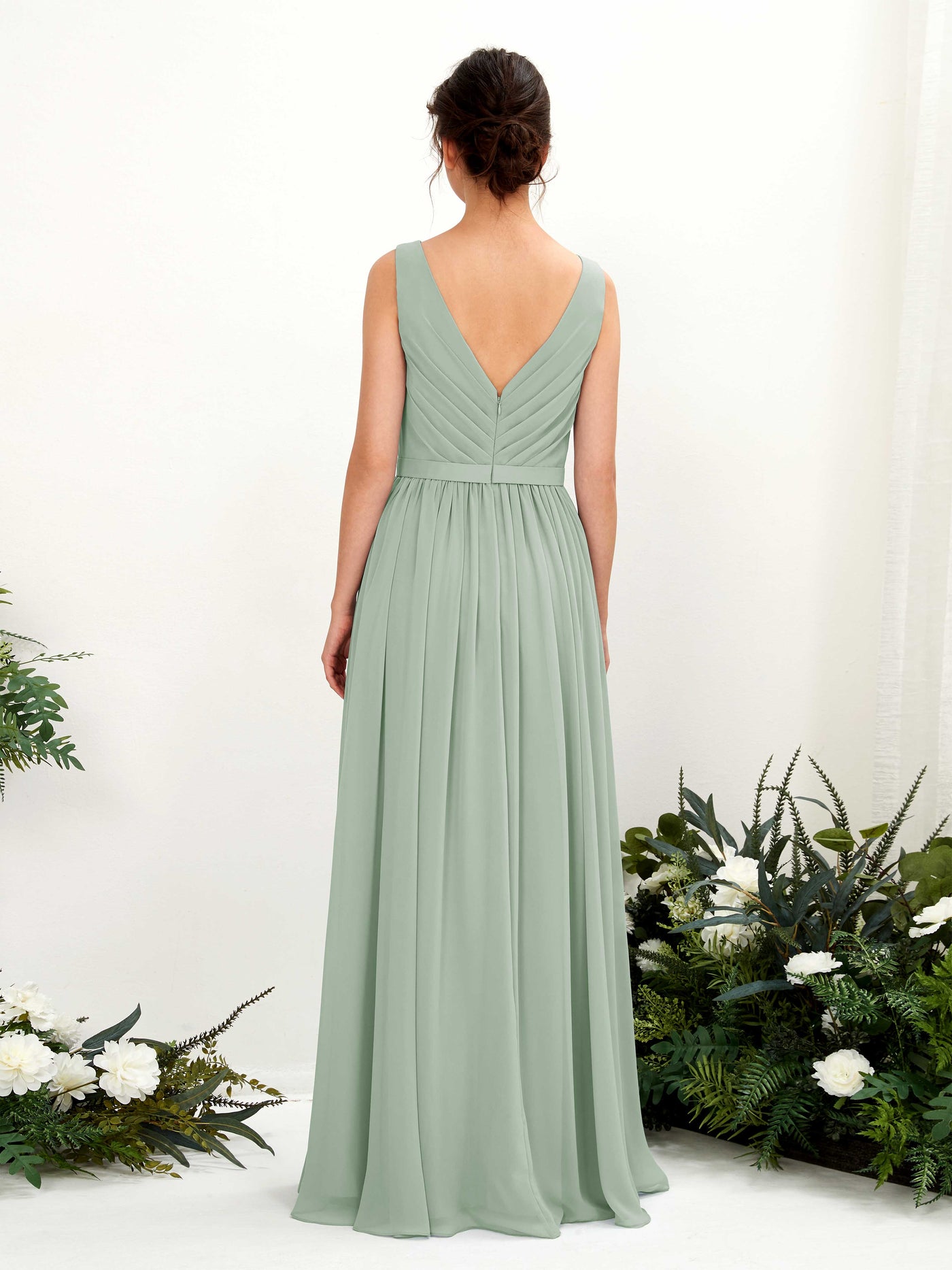V-neck Sleeveless Chiffon Bridesmaid Dress - Sage Green (81223605)#color_sage-green