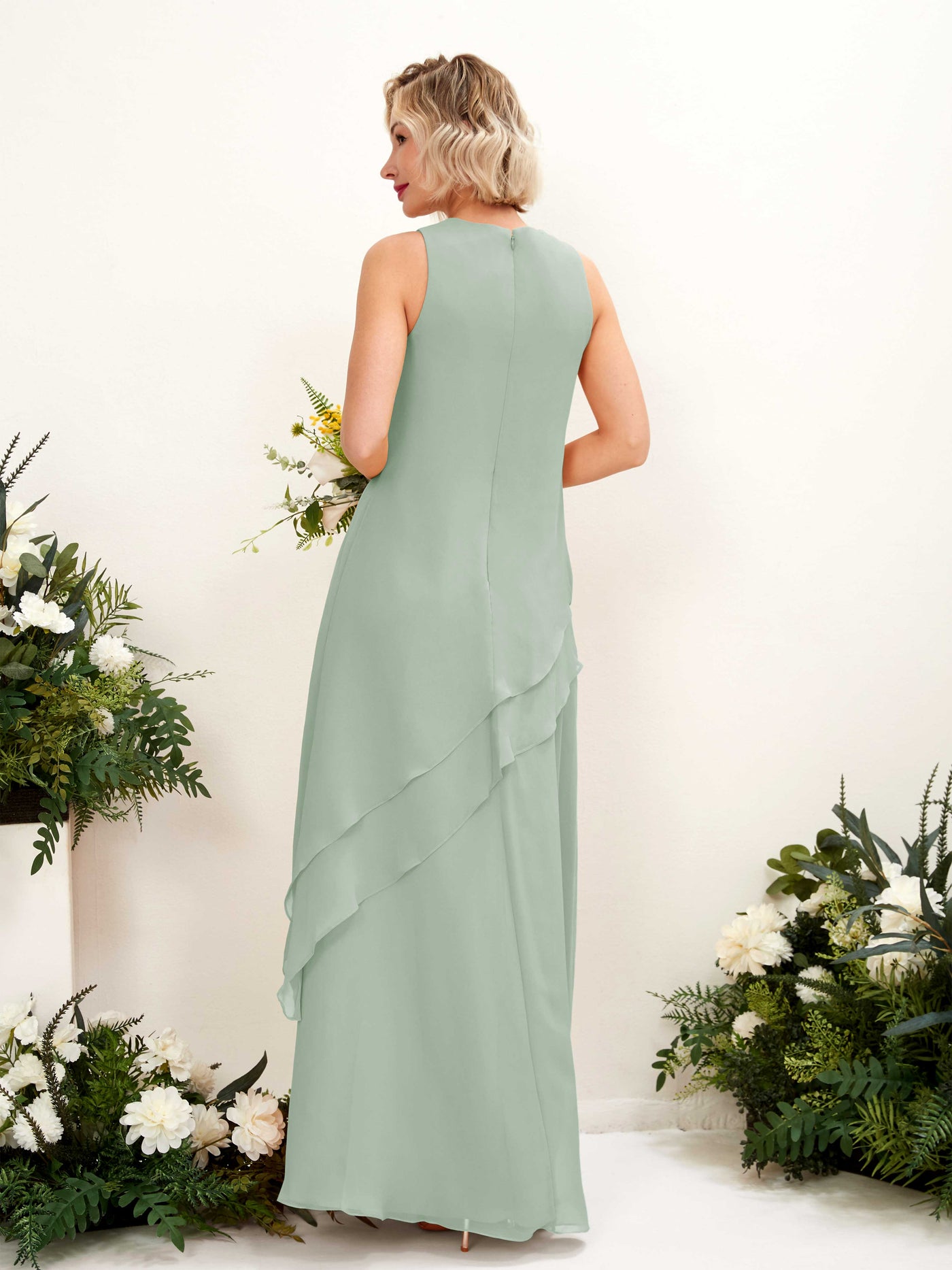 Round Sleeveless Chiffon Bridesmaid Dress - Sage Green (81222305)#color_sage-green