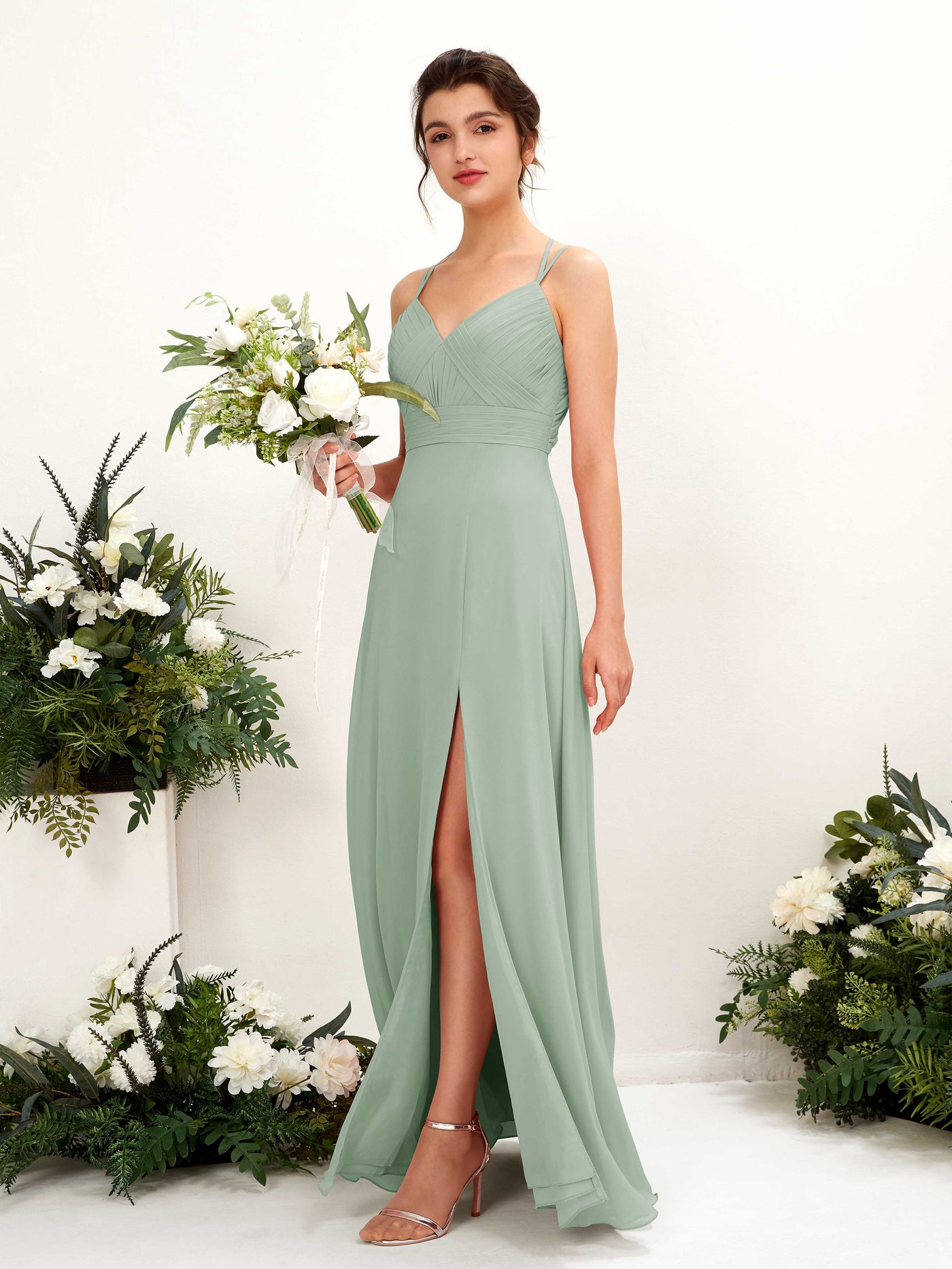 Straps V-neck Sleeveless Chiffon Bridesmaid Dress - Sage Green (81225405)#color_sage-green