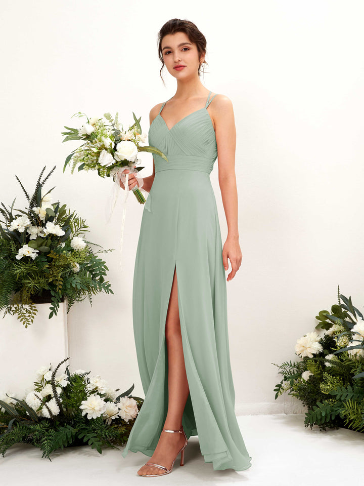 Straps V-neck Sleeveless Chiffon Bridesmaid Dress - Sage Green (81225405)