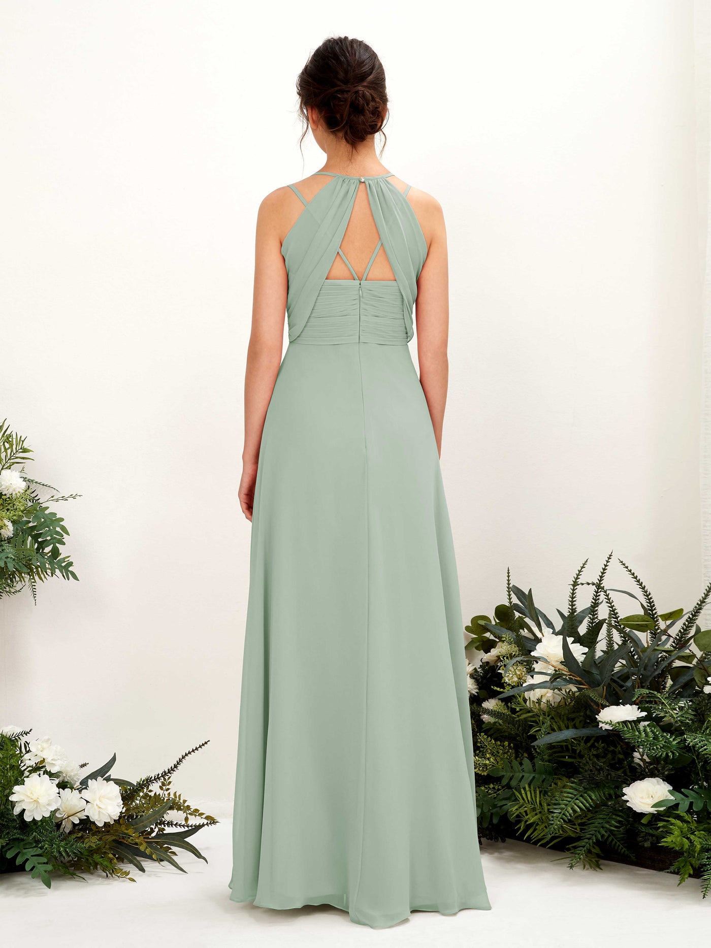 Straps V-neck Sleeveless Chiffon Bridesmaid Dress - Sage Green (81225405)#color_sage-green
