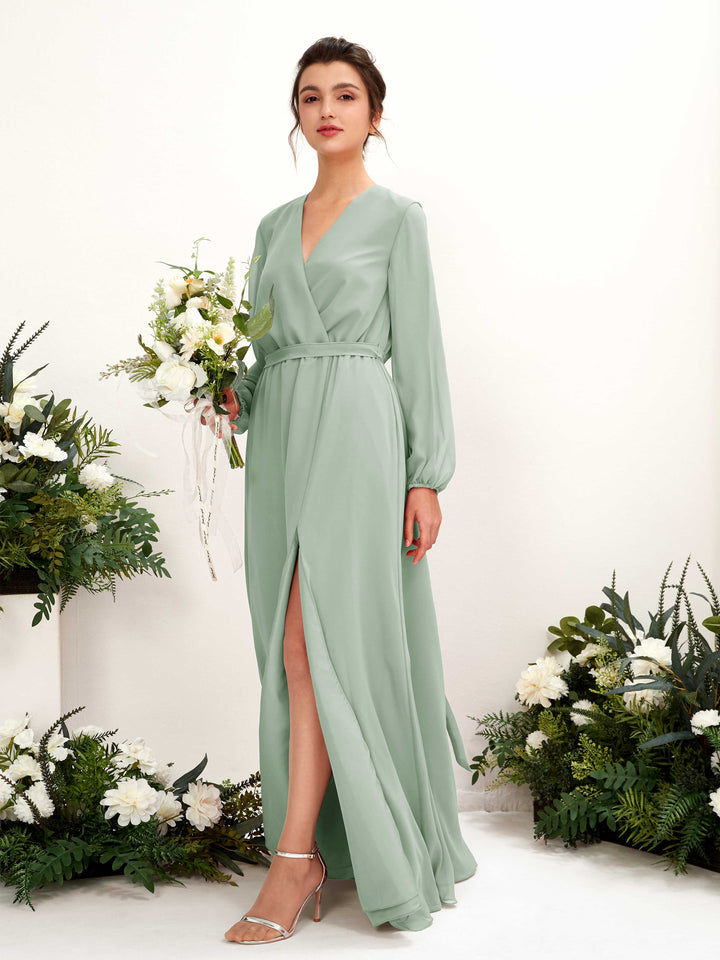 V-neck Long Sleeves Chiffon Bridesmaid Dress - Sage Green (81223205)