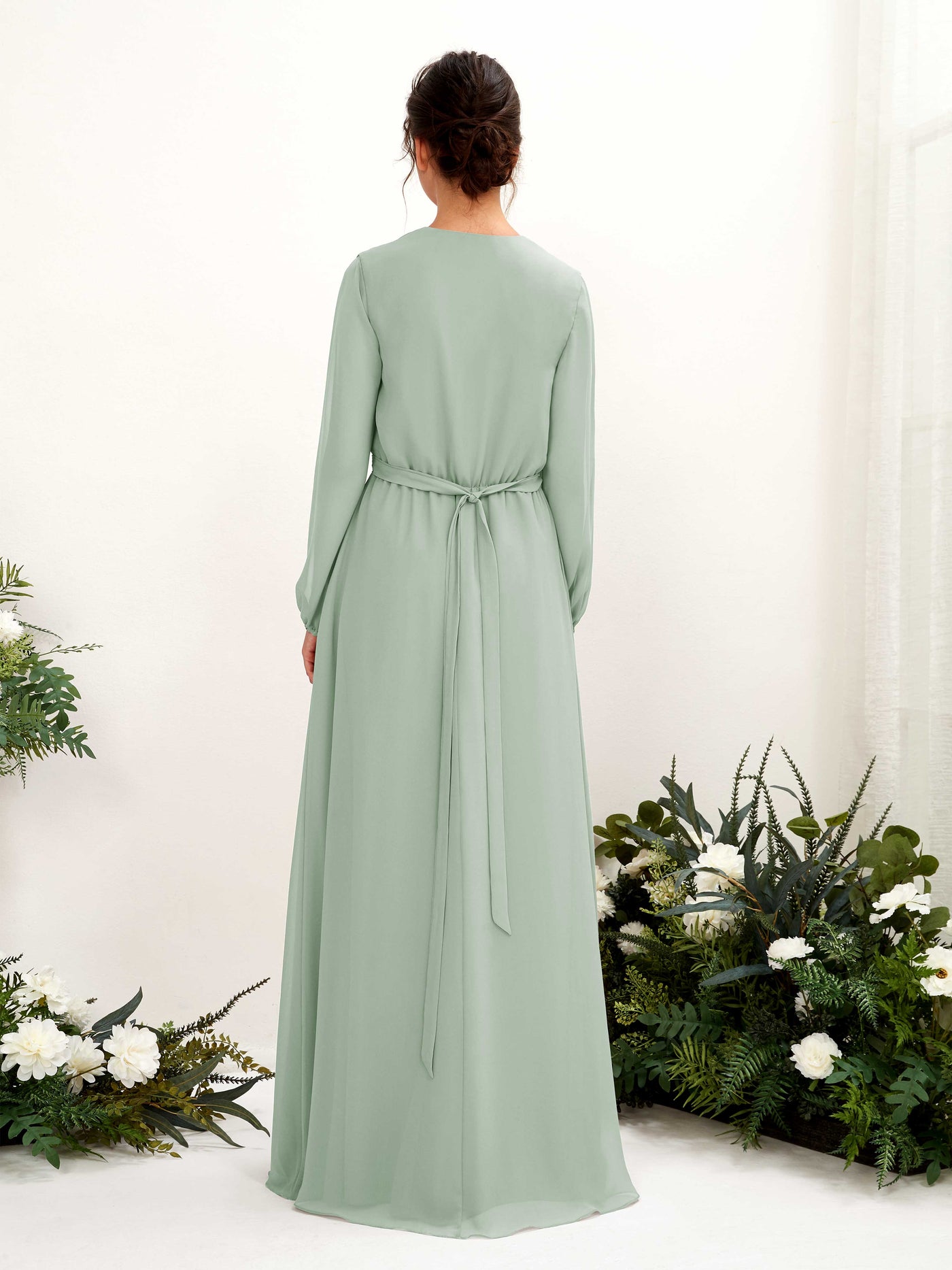 V-neck Long Sleeves Chiffon Bridesmaid Dress - Sage Green (81223205)#color_sage-green