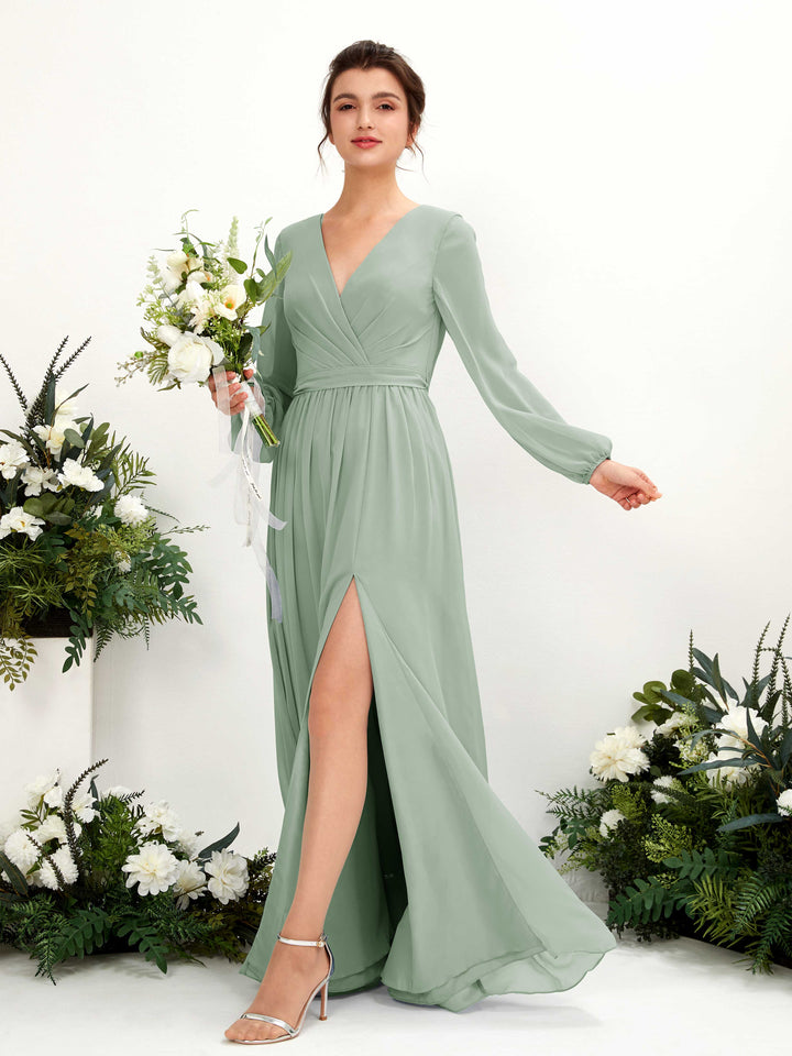 V-neck Long Sleeves Chiffon Bridesmaid Dress - Sage Green (81223805)