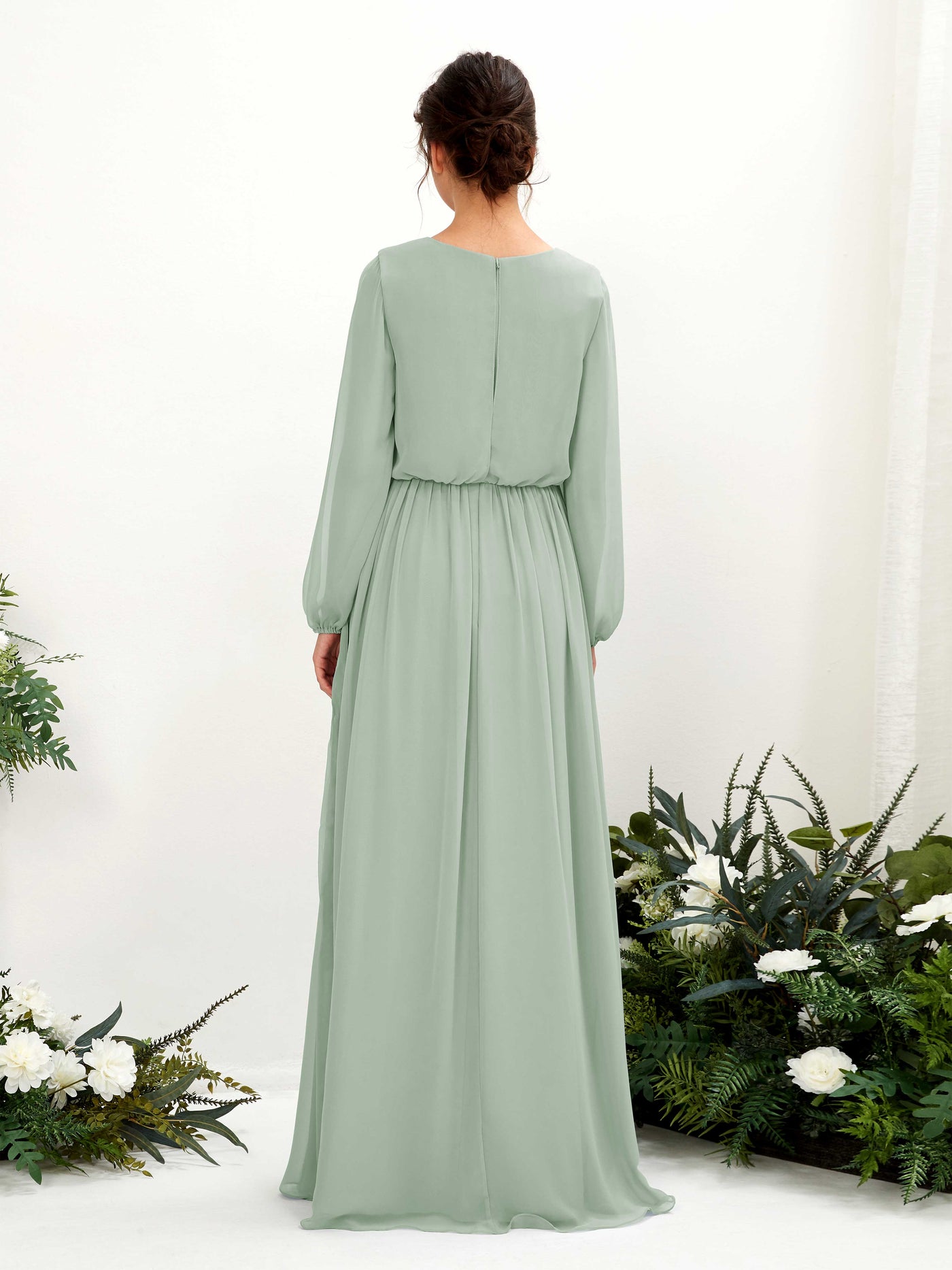 V-neck Long Sleeves Chiffon Bridesmaid Dress - Sage Green (81223805)#color_sage-green
