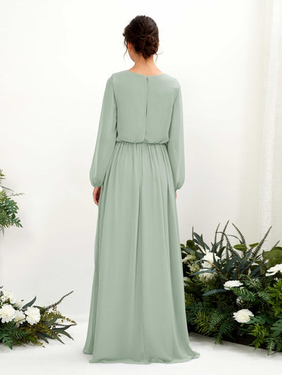 Carlyna Ginny A-Line Sage Green Bridesmaid Dress Maxi Long Sleeve V-Neck Back View #color_sage-green