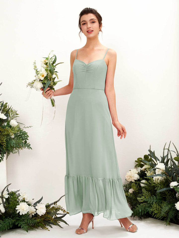 Spaghetti-straps Sweetheart Sleeveless Chiffon Bridesmaid Dress - Sage Green (81223005)