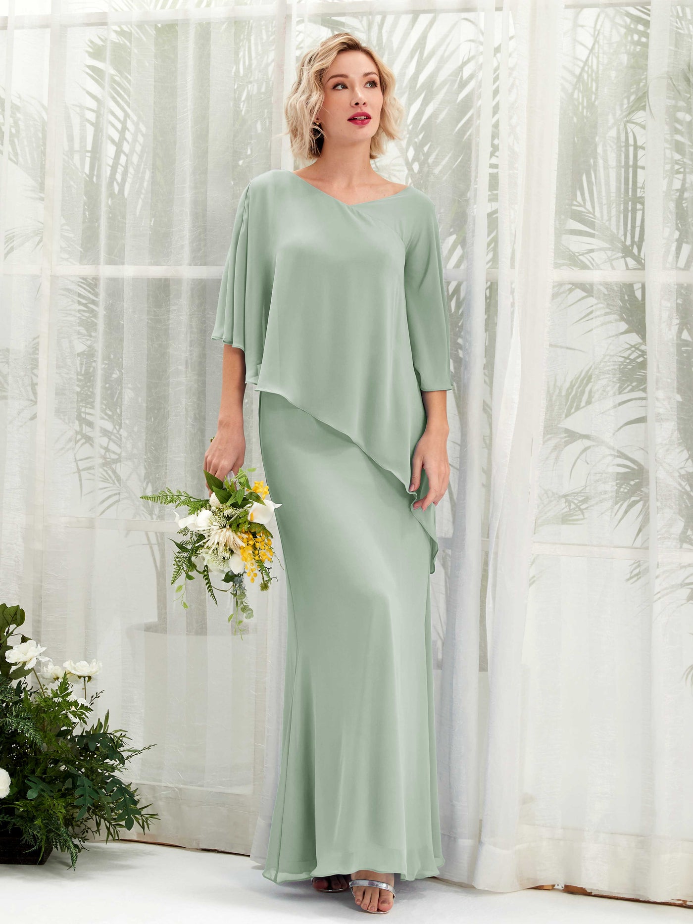 V-neck 3/4 Sleeves Chiffon Bridesmaid Dress - Sage Green (81222505)#color_sage-green