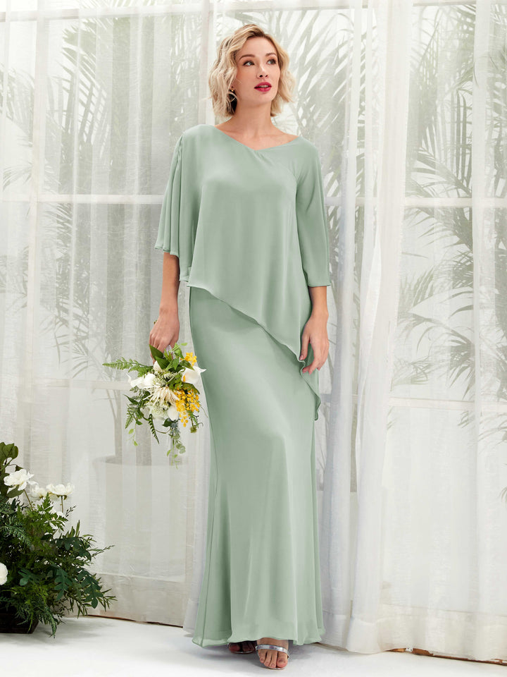 V-neck 3/4 Sleeves Chiffon Bridesmaid Dress - Sage Green (81222505)