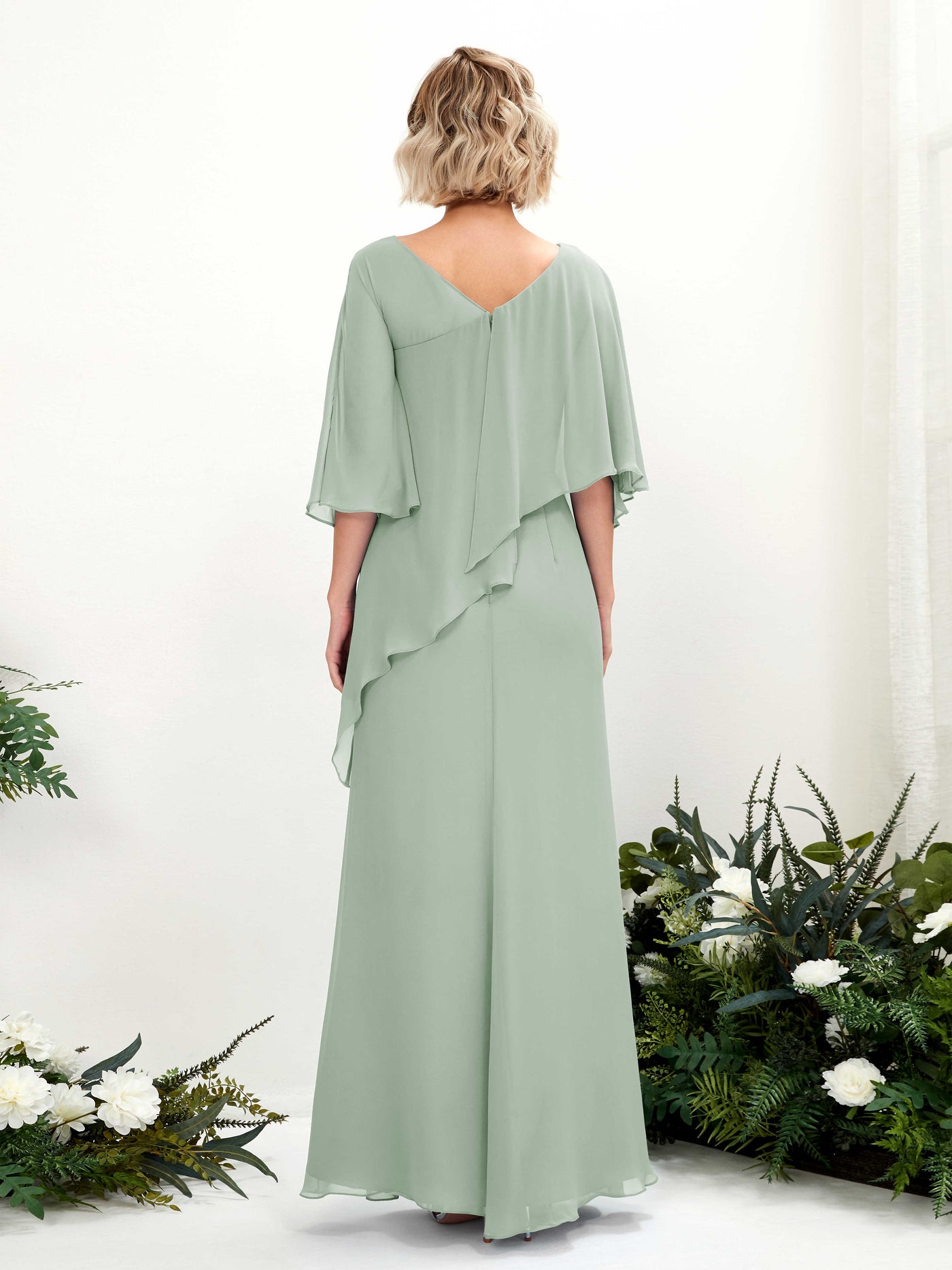 V-neck 3/4 Sleeves Chiffon Bridesmaid Dress - Sage Green (81222505)#color_sage-green