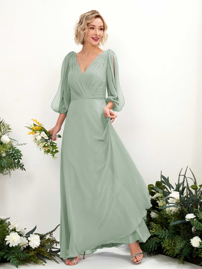 Carlyna Antonia A-Line Sage Green Bridesmaid Dress Maxi Three Quarter Sleeve V-Neck Dress Front View #color_sage-green