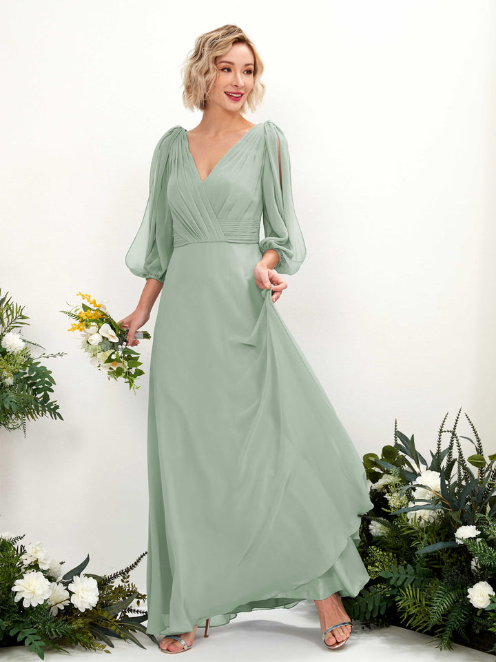 V-neck 3/4 Sleeves Chiffon Bridesmaid Dress - Sage Green (81223505)