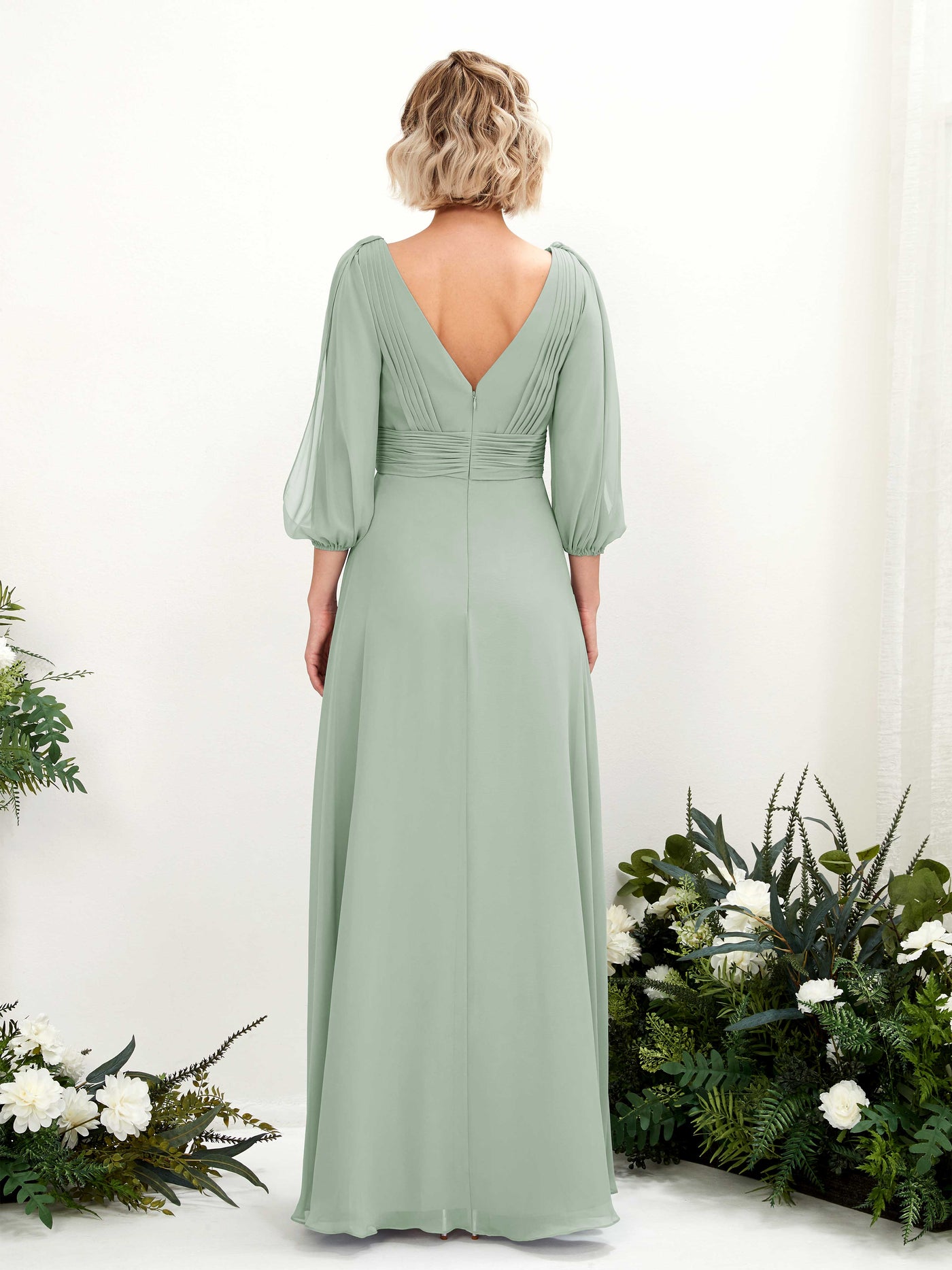 V-neck 3/4 Sleeves Chiffon Bridesmaid Dress - Sage Green (81223505)#color_sage-green
