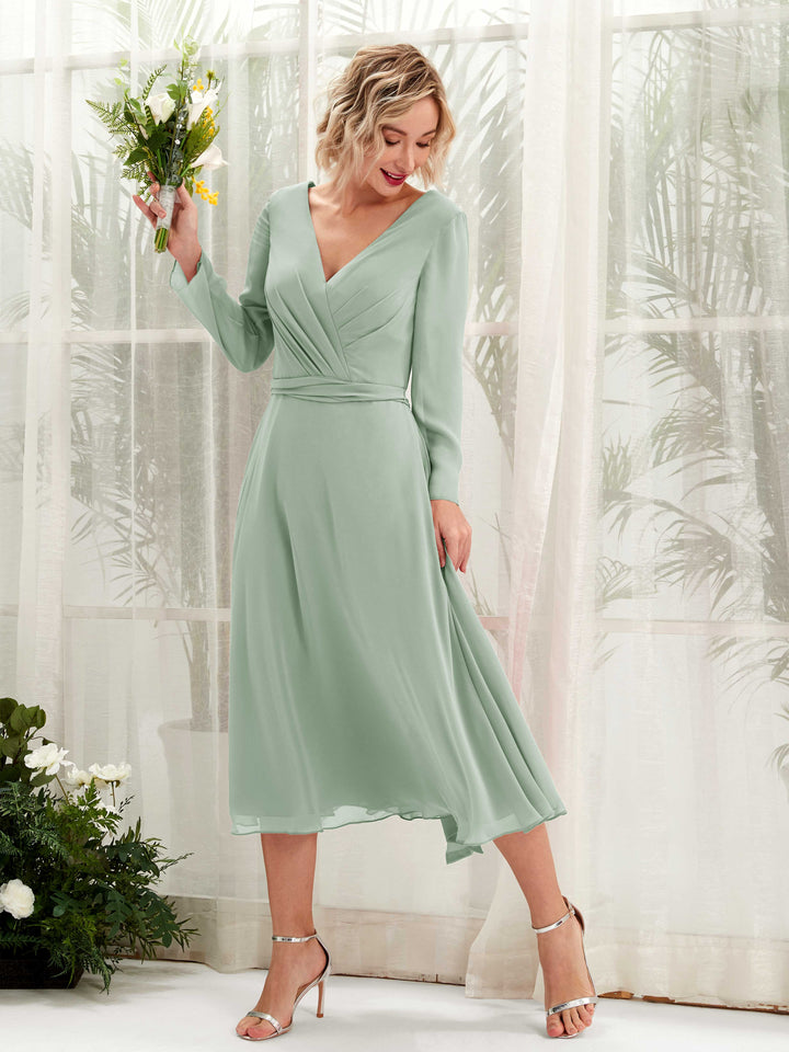 V-neck Long Sleeves Chiffon Bridesmaid Dress - Sage Green (81223305)