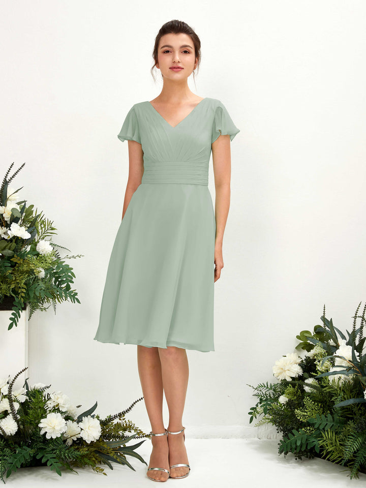 V-neck Short Sleeves Chiffon Bridesmaid Dress - Sage Green (81220205)