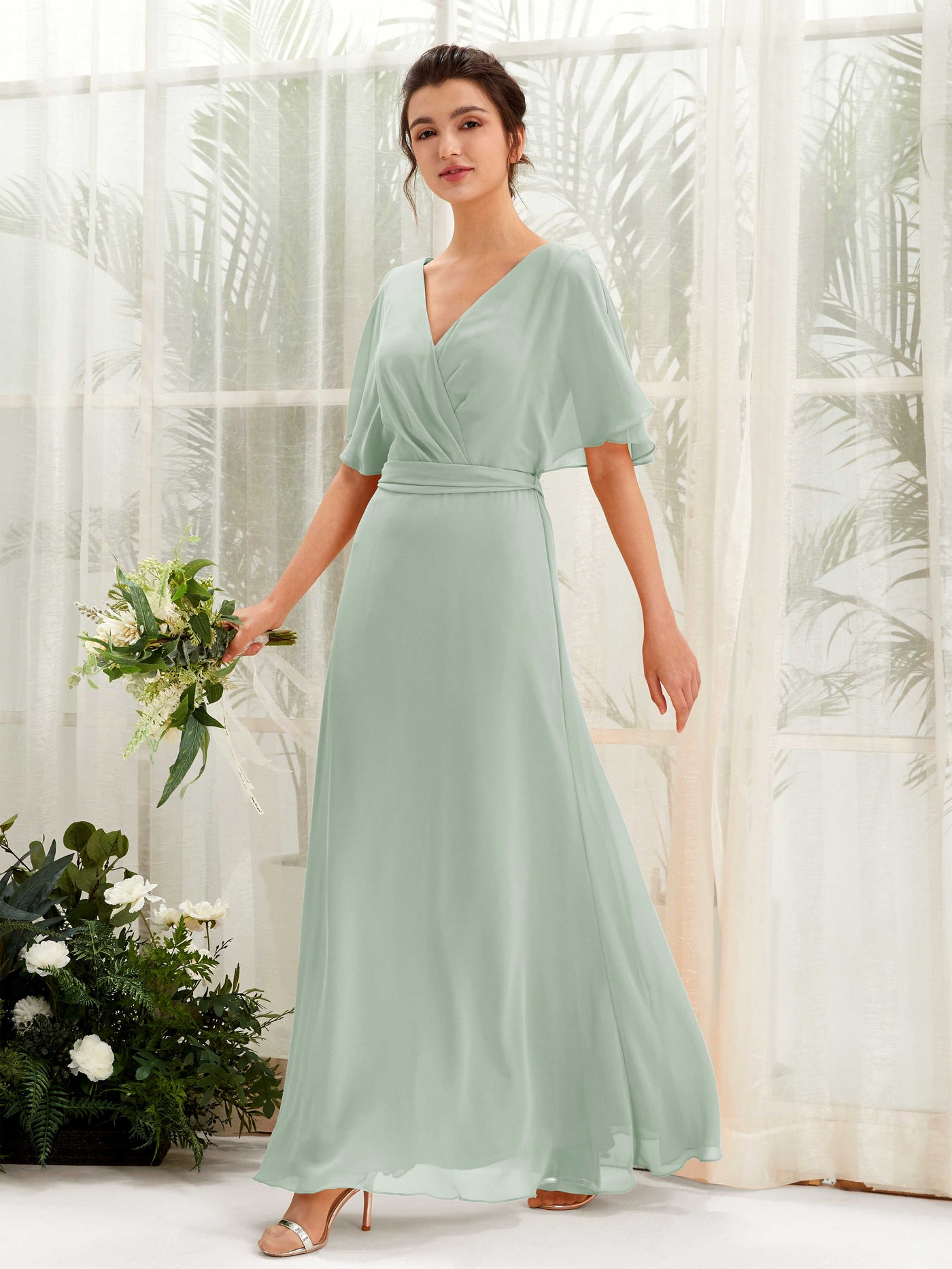 V-neck Short Sleeves Chiffon Bridesmaid Dress - Sage Green (81222405)#color_sage-green