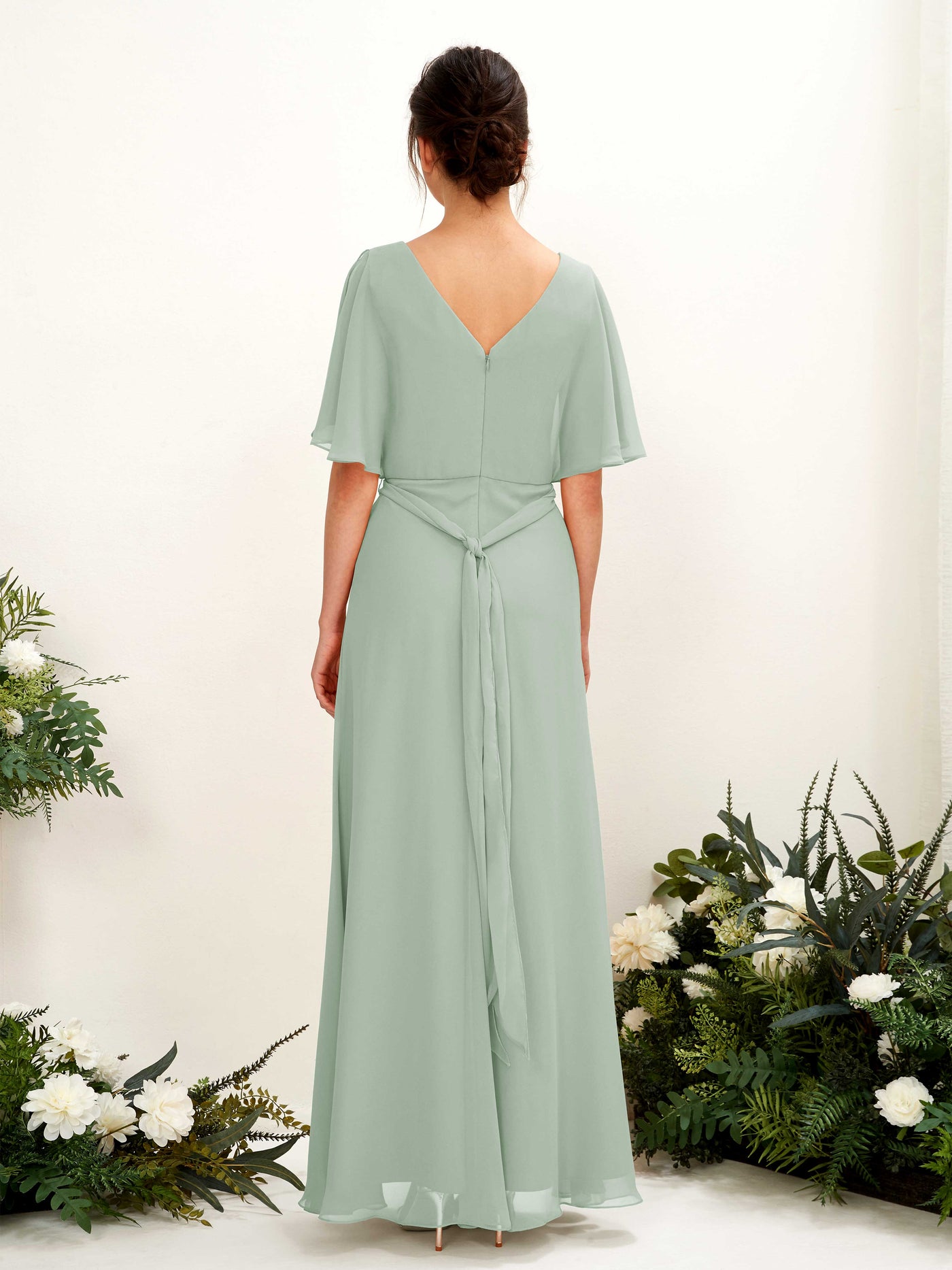 V-neck Short Sleeves Chiffon Bridesmaid Dress - Sage Green (81222405)#color_sage-green