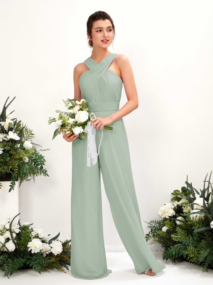 V-neck Sleeveless Chiffon Bridesmaid Dress Wide-Leg Jumpsuit - Sage Green (81220705)