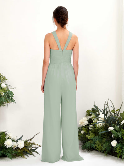 Carlyna Hilona Jumpsuit Sage Green Bridesmaid Dress Maxi Sleeveless V-Neck Dress Back View #color_sage-green