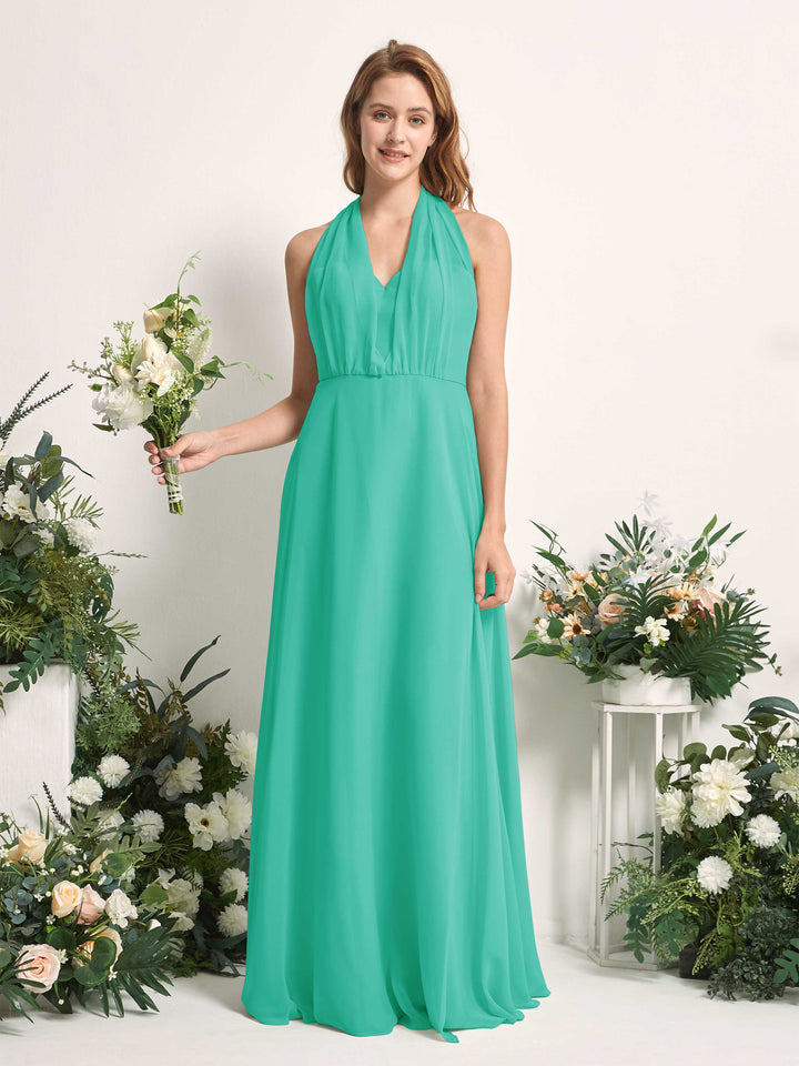Bridesmaid Dress A-line Chiffon Halter Full Length Short Sleeves Wedding Party Dress - Tiffany (81226332)