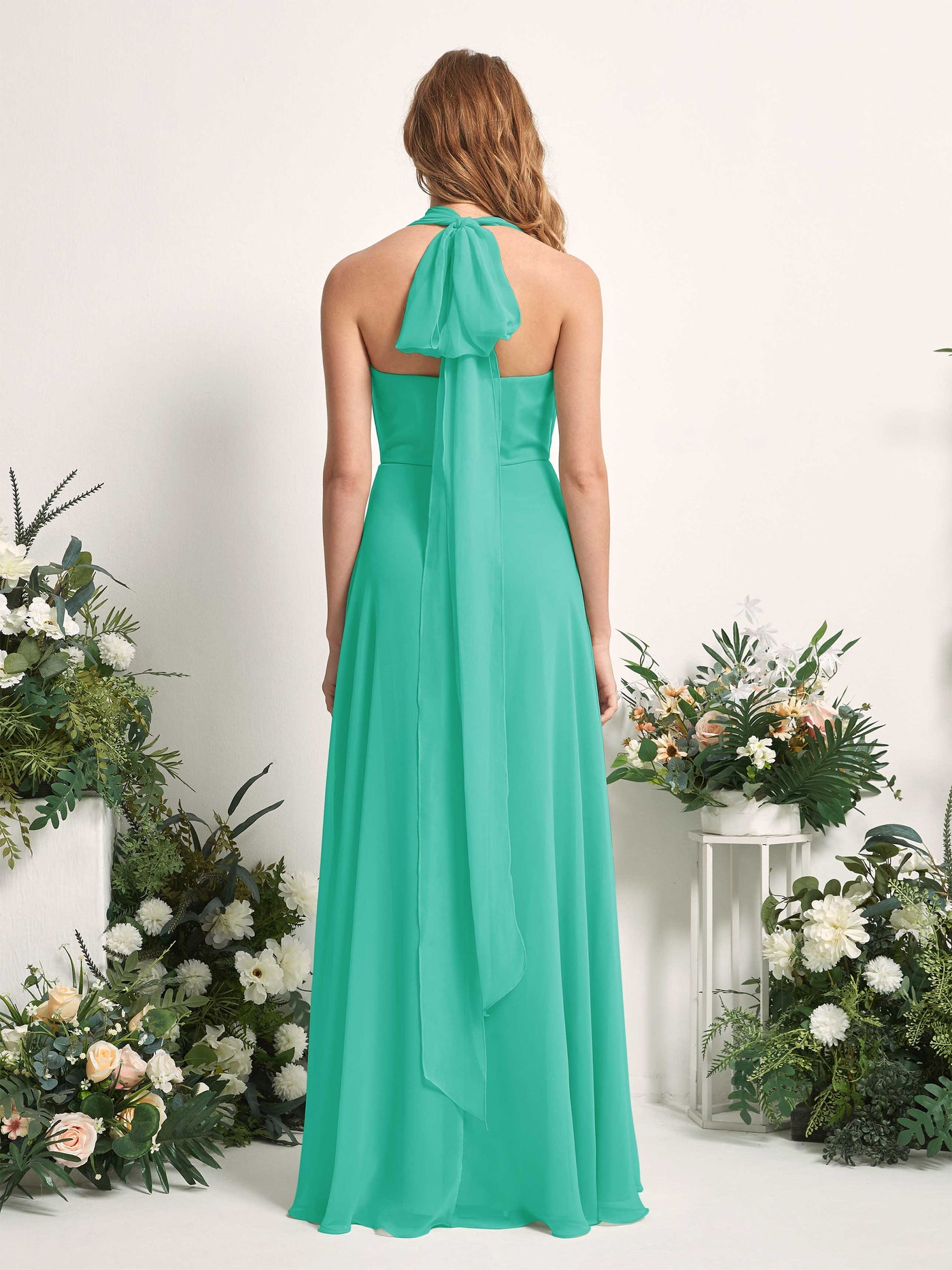 Bridesmaid Dress A-line Chiffon Halter Full Length Short Sleeves Wedding Party Dress - Tiffany (81226332)#color_tiffany
