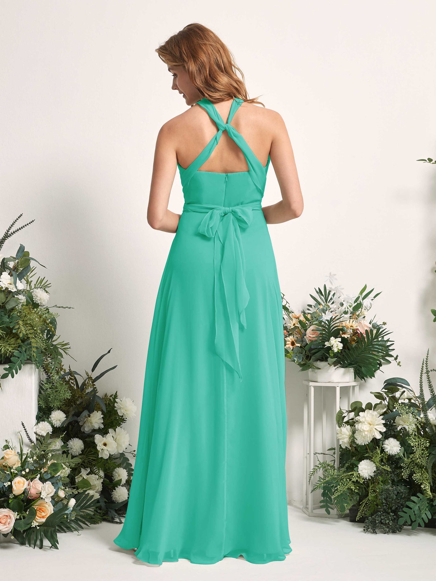 Bridesmaid Dress A-line Chiffon Halter Full Length Short Sleeves Wedding Party Dress - Tiffany (81226332)#color_tiffany