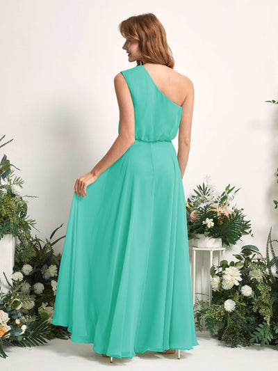 Carlyna Cecily A-Line Tiffany Bridesmaid Dress Maxi Sleeveless One Shoulder Dress Back View #color_tiffany