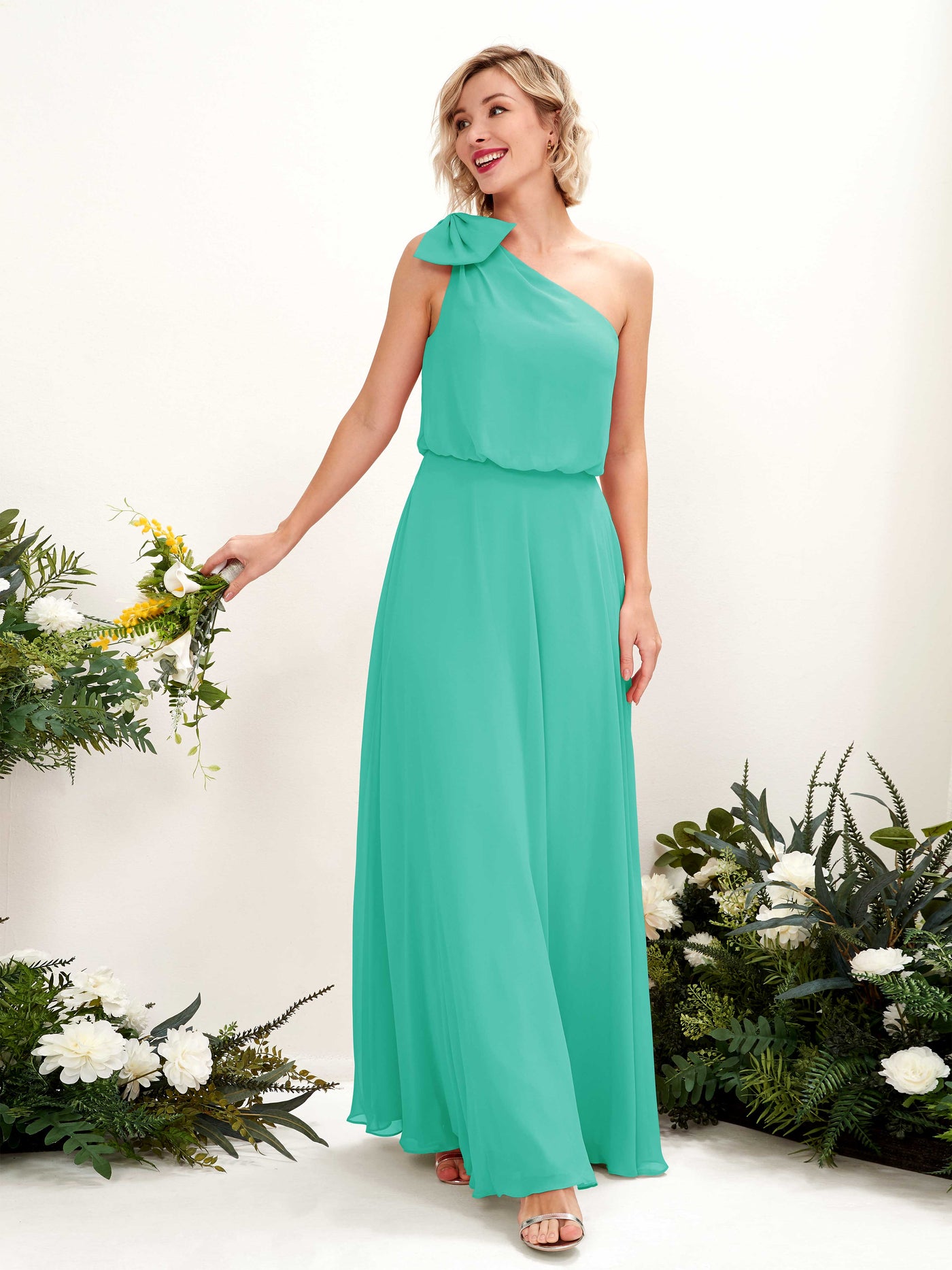 A-line One Shoulder Sleeveless Chiffon Bridesmaid Dress - Tiffany (81225532)#color_tiffany