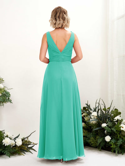Carlyna Brianna A-Line Tiffany Bridesmaid Dress Maxi Sleeveless Boat Neck Dress Back View #color_tiffany