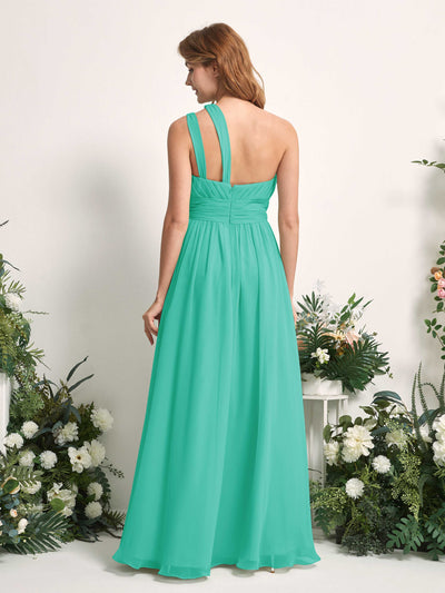 Carlyna Evelyn A-Line Tiffany Bridesmaid Dress Maxi Sleeveless One Shoulder Dress Back View #color_tiffany