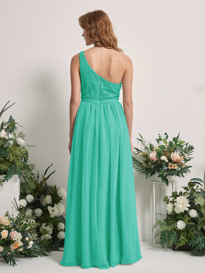 Carlyna Bonita A-Line Tiffany Embroidered Bridesmaid Dress Maxi Sleeveless One Shoulder Dress Back View #color_tiffany
