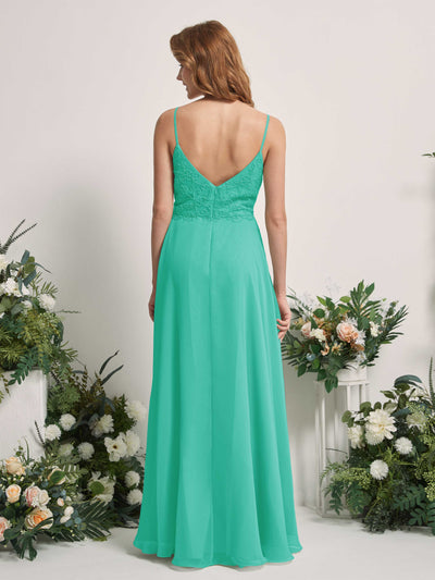 Carlyna Gail A-Line Tiffany Beaded Bridesmaid Dress Maxi Sleeveless V-Neck Dress Back View #color_tiffany