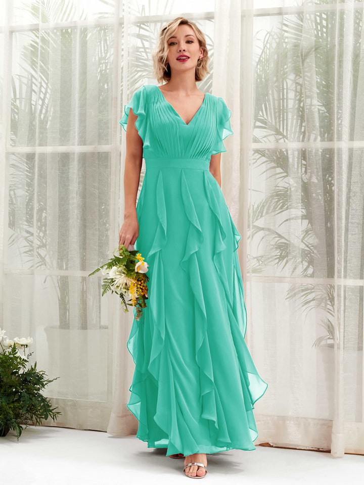 A-line V-neck Short Sleeves Chiffon Bridesmaid Dress - Tiffany (81226032)