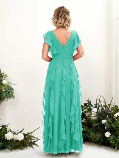 Carlyna Cynthia A-Line Tiffany Bridesmaid Dress Maxi Cap Sleeve V-Neck Dress Back View #color_tiffany