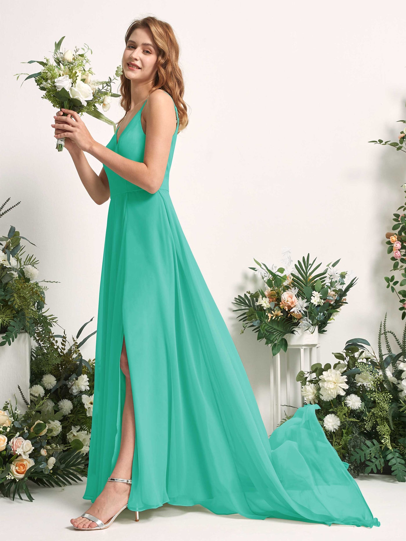Bridesmaid Dress A-line Chiffon Spaghetti-straps Full Length Sleeveless Wedding Party Dress - Tiffany (81227732)#color_tiffany