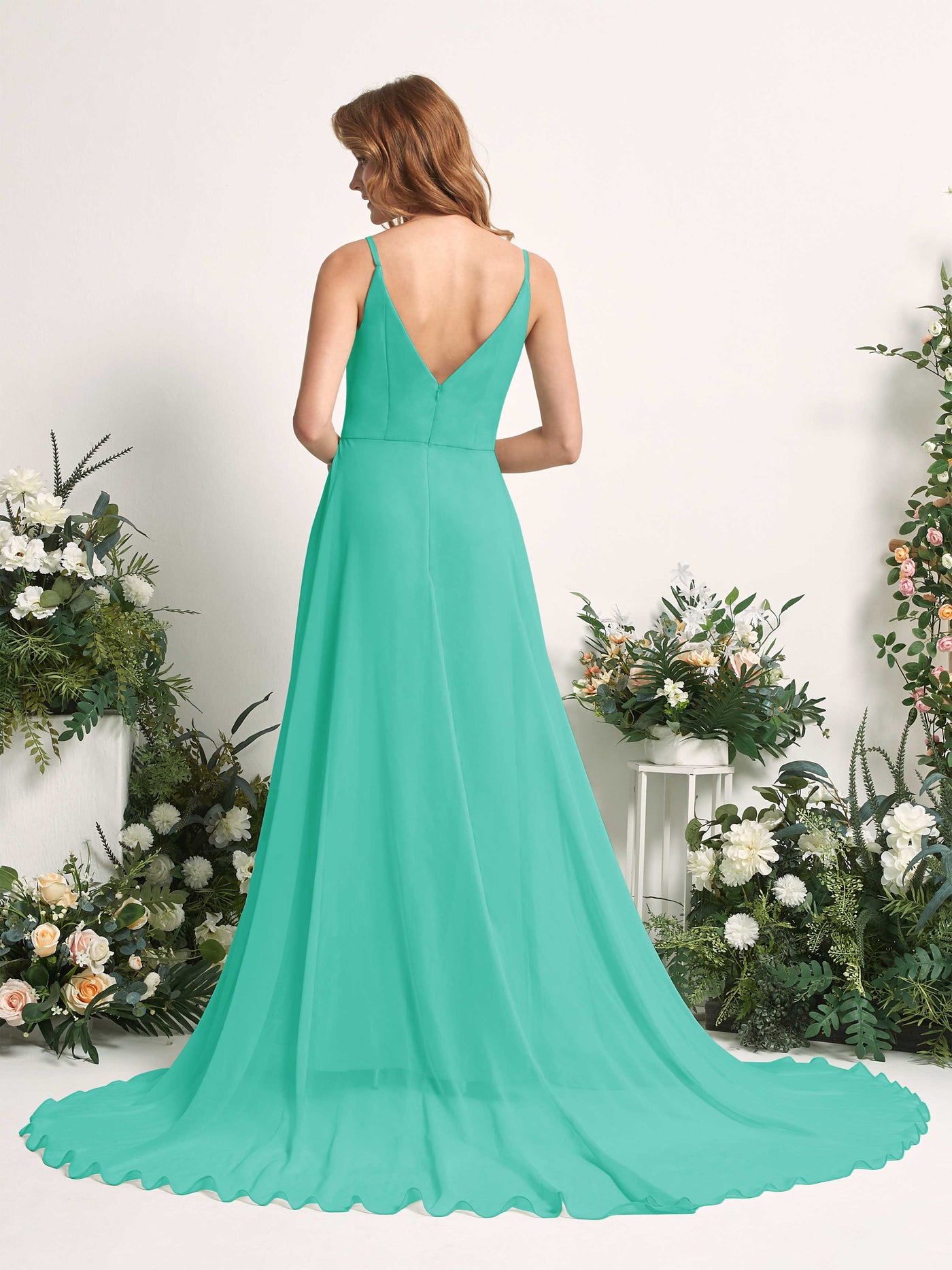 Bridesmaid Dress A-line Chiffon Spaghetti-straps Full Length Sleeveless Wedding Party Dress - Tiffany (81227732)#color_tiffany