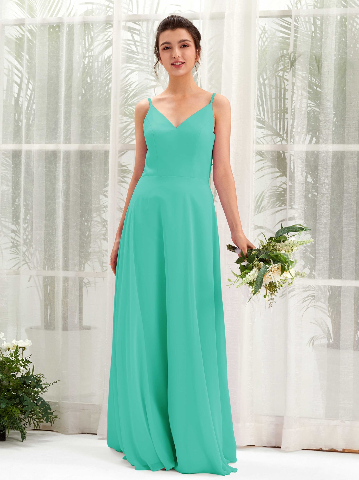 A-line Spaghetti-straps V-neck Sleeveless Chiffon Bridesmaid Dress - Tiffany (81220632)#color_tiffany