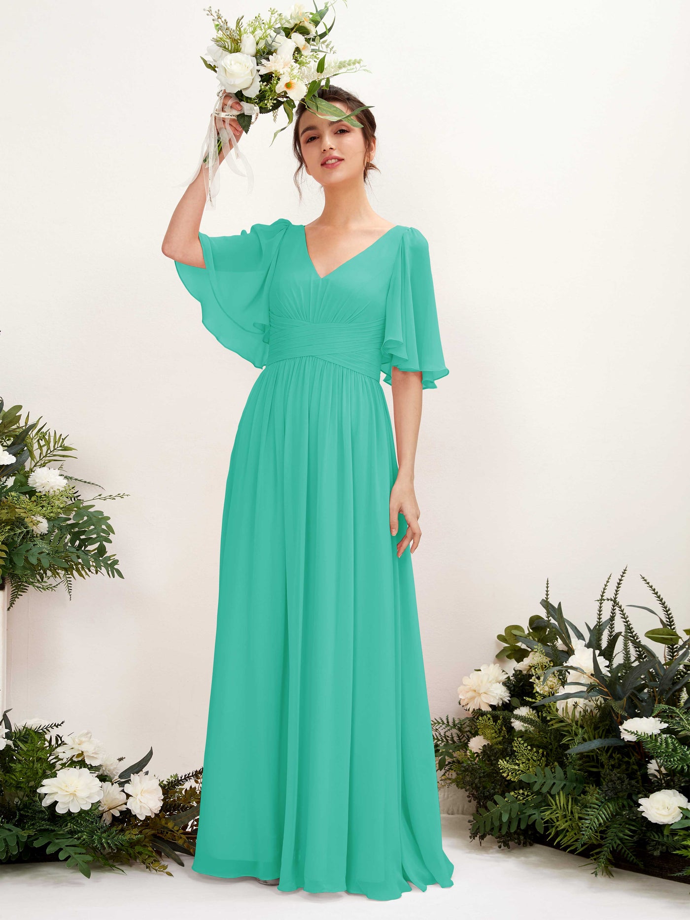 A-line V-neck 1/2 Sleeves Chiffon Bridesmaid Dress - Tiffany (81221632)#color_tiffany