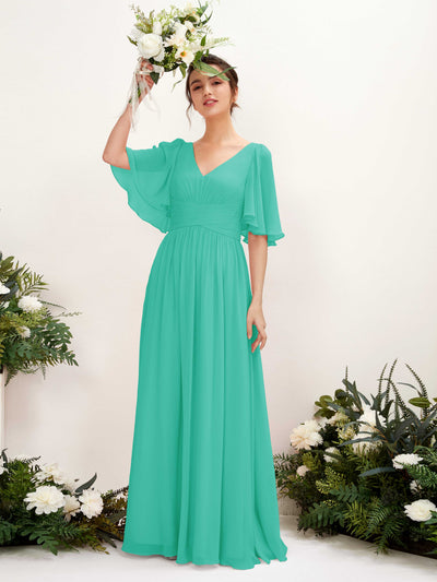 Carlyna Odette A-Line Tiffany Bridesmaid Dress Maxi Short Sleeve V-Neck Dress #color_tiffany