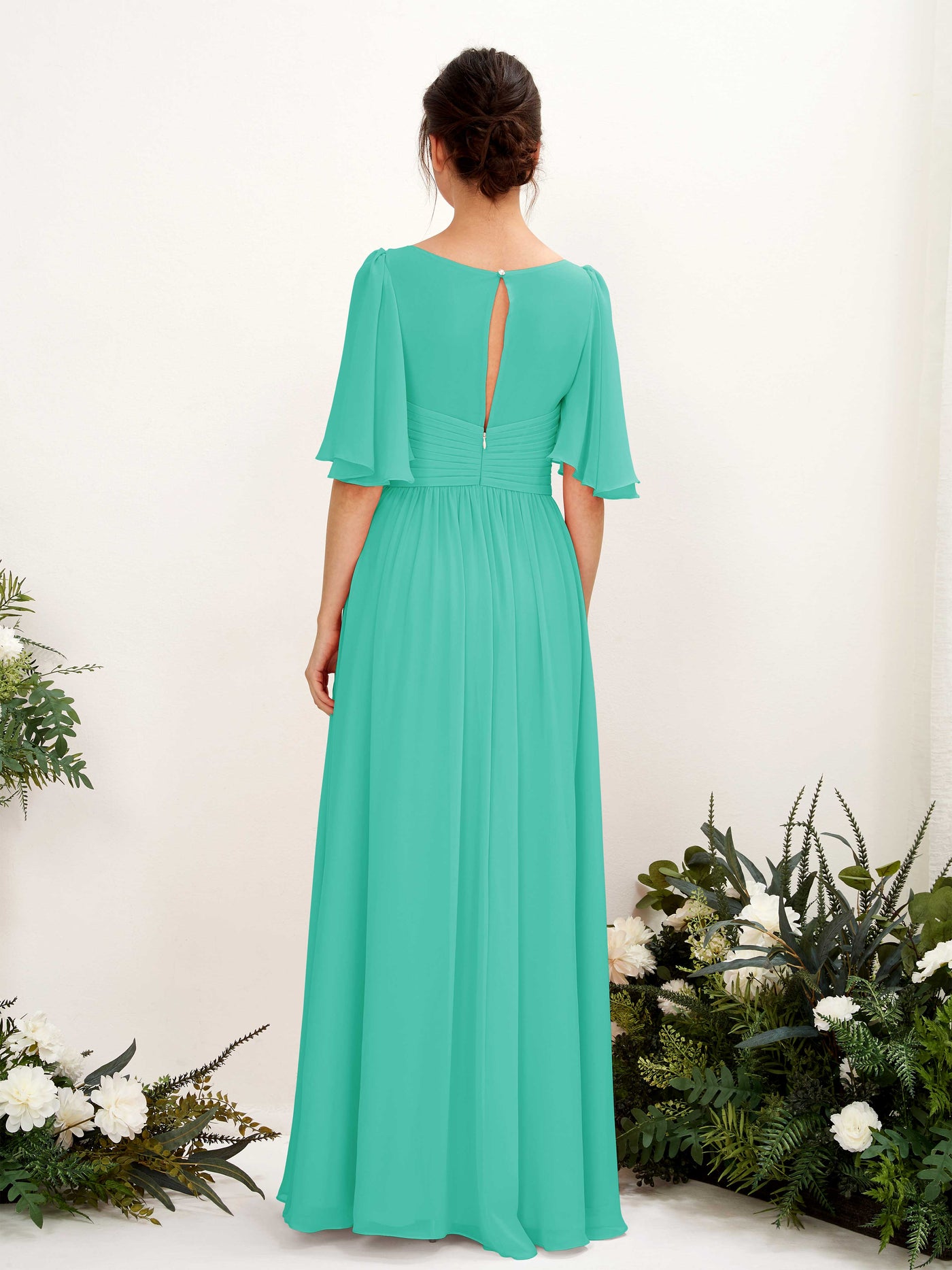 A-line V-neck 1/2 Sleeves Chiffon Bridesmaid Dress - Tiffany (81221632)#color_tiffany