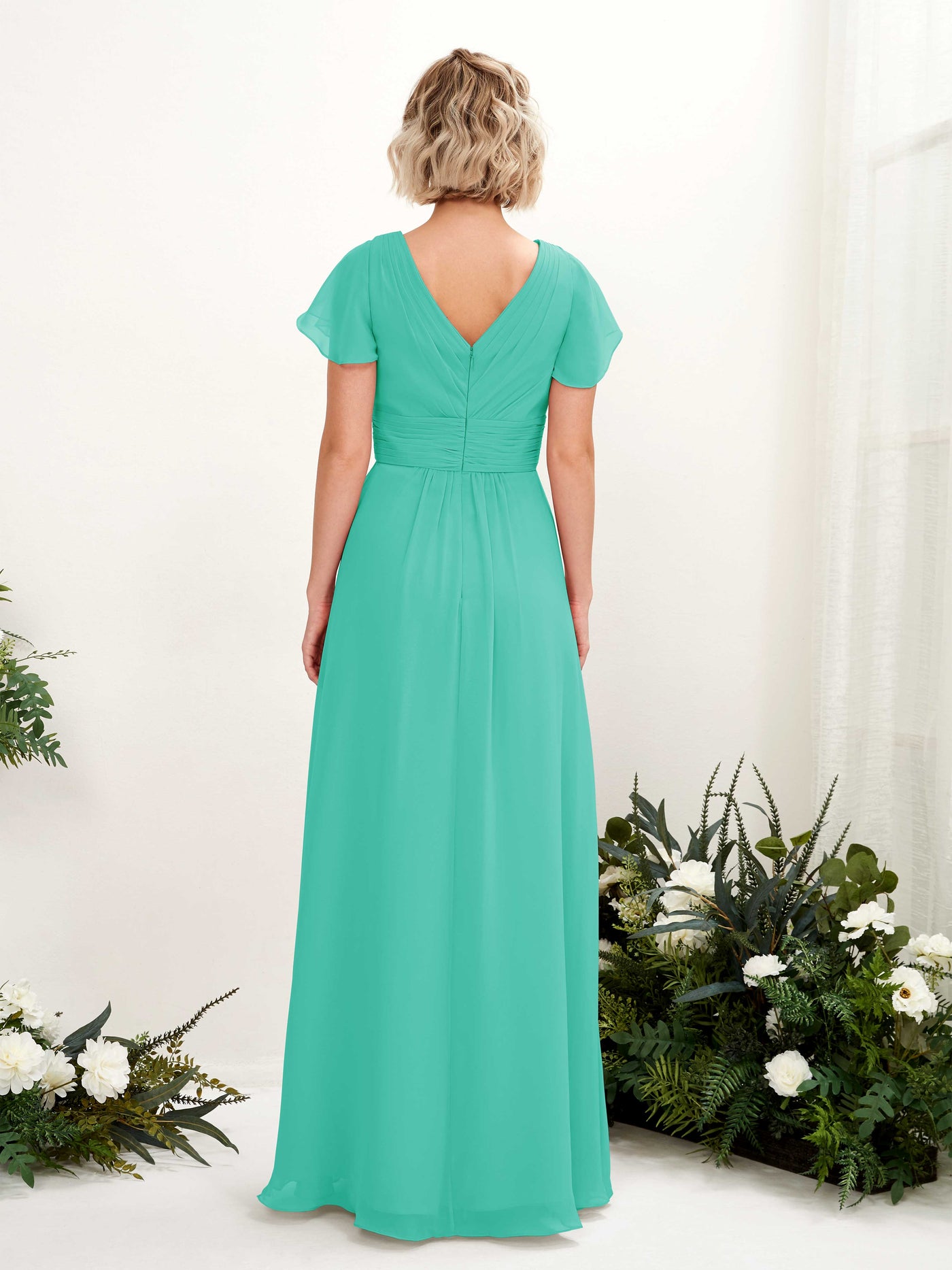 A-line V-neck Cap Sleeves Chiffon Bridesmaid Dress - Tiffany (81224332)#color_tiffany