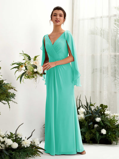 Carlyna Alain A-Line Tiffany Bridesmaid Dress Maxi Cap Sleeve V-Neck Dress Front View #color_tiffany