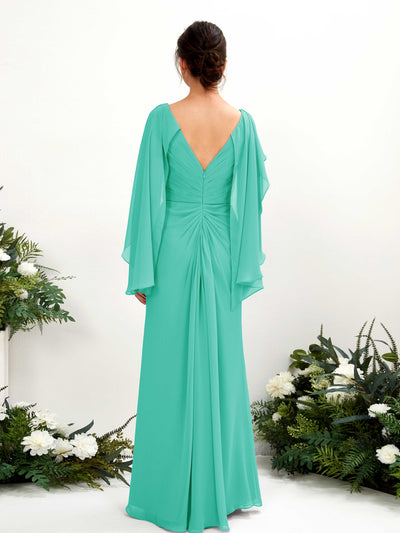 Carlyna Alain A-Line Tiffany Bridesmaid Dress Maxi Cap Sleeve V-Neck Dress Back View #color_tiffany