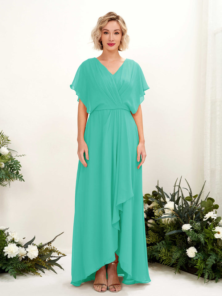 A-line V-neck Short Sleeves Chiffon Bridesmaid Dress - Tiffany (81222132)