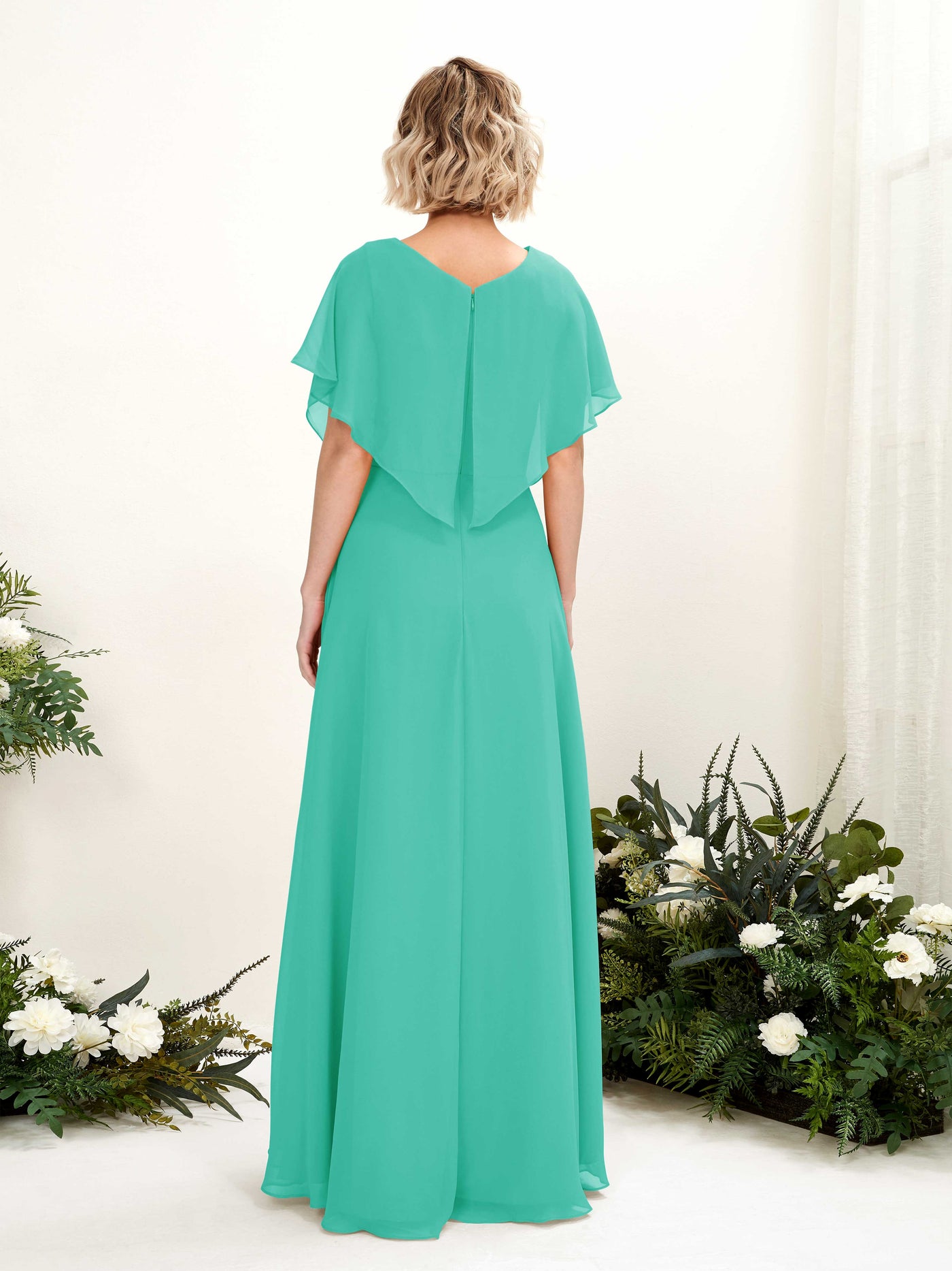 A-line V-neck Short Sleeves Chiffon Bridesmaid Dress - Tiffany (81222132)#color_tiffany