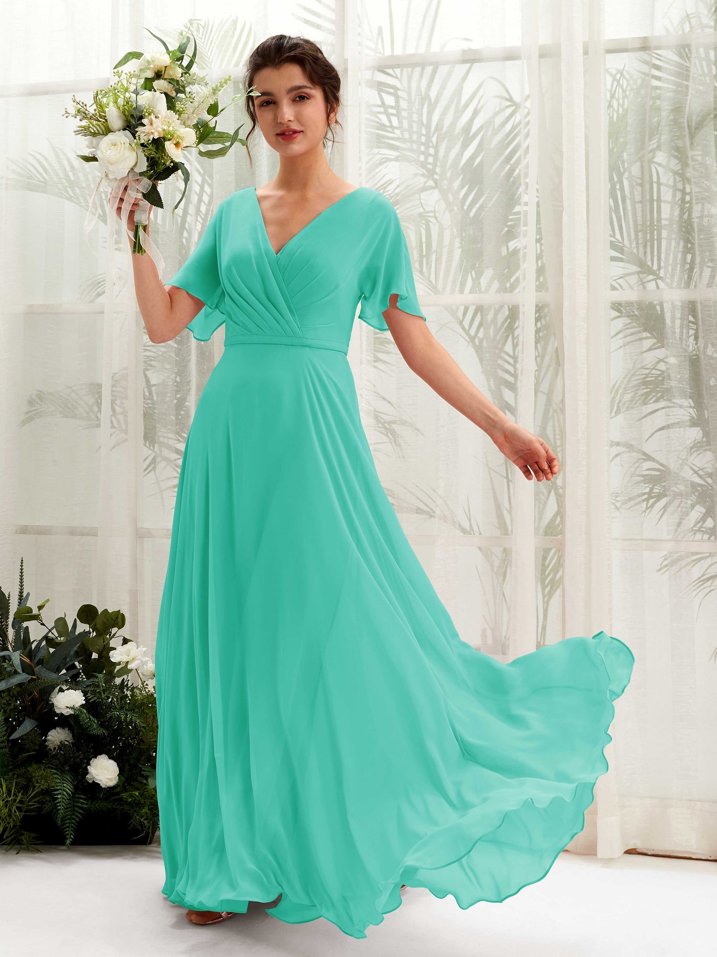 A-line V-neck Short Sleeves Chiffon Bridesmaid Dress - Tiffany (81224632)#color_tiffany