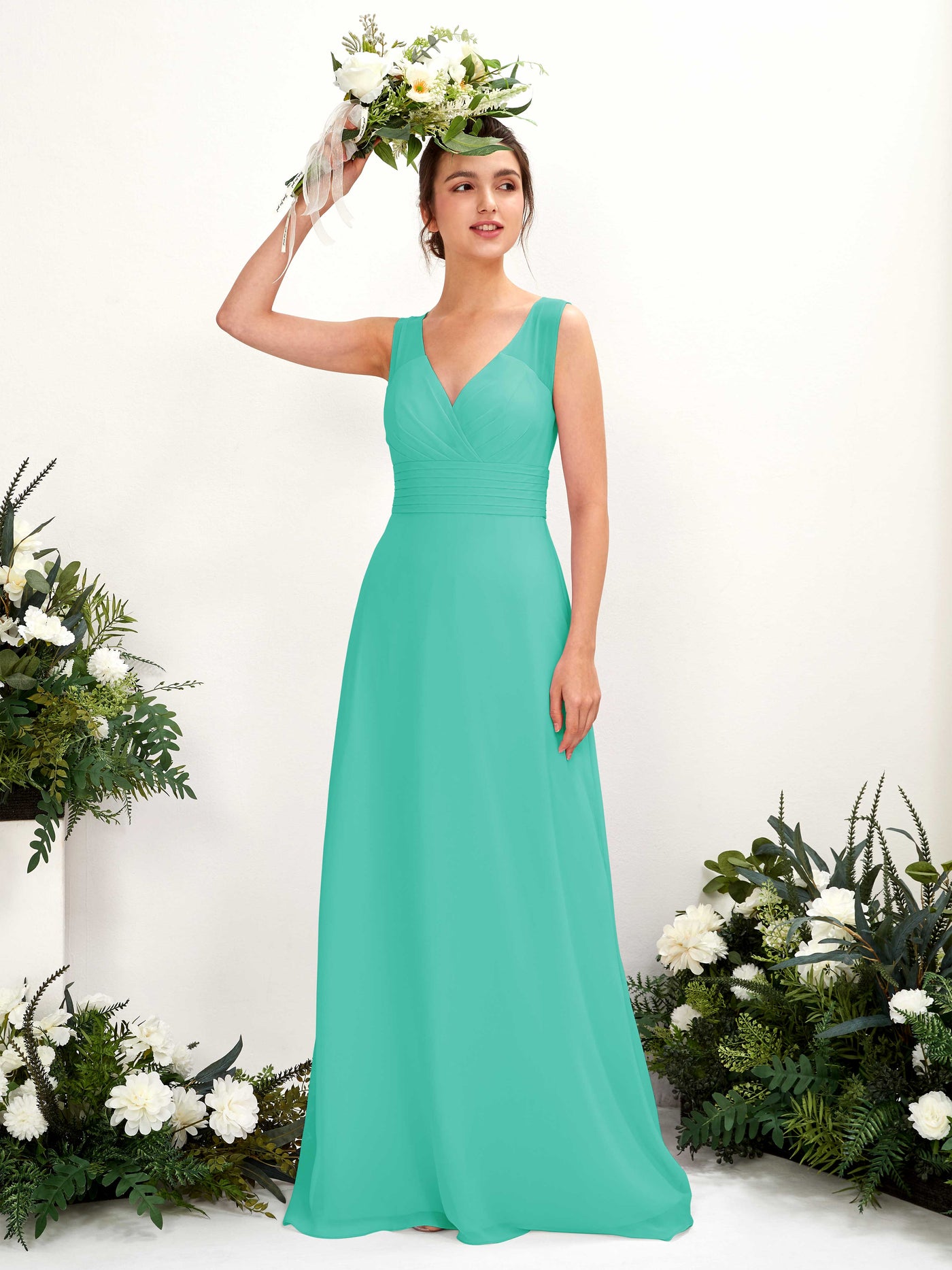 A-line V-neck Sleeveless Chiffon Bridesmaid Dress - Tiffany (81220932)#color_tiffany